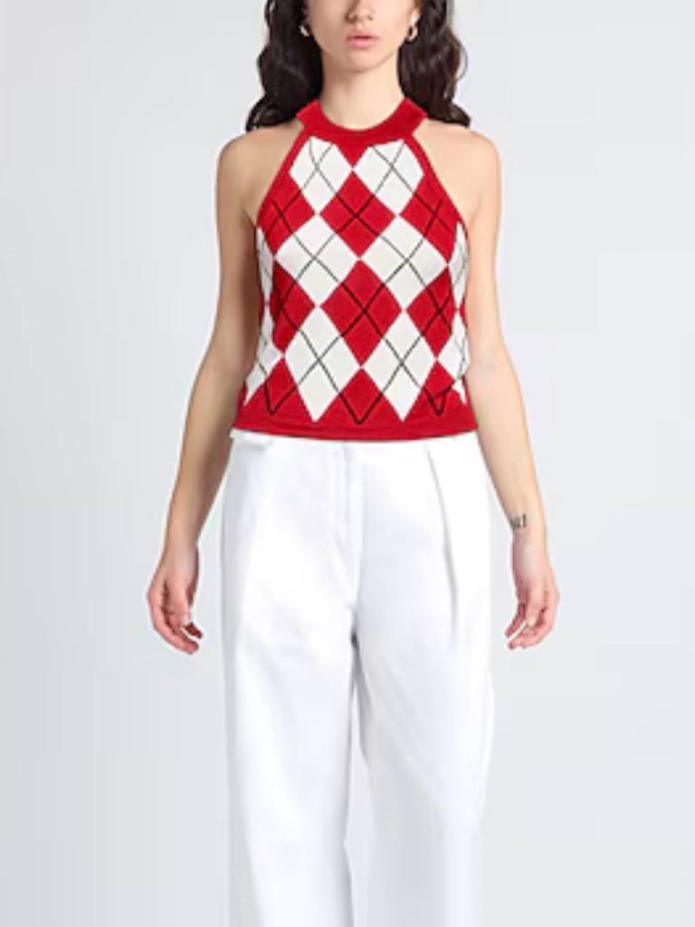 Msgm Red And Cream Argyle Halter Knit Tank